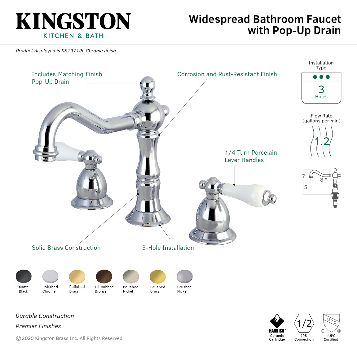 Kingston Heirloom KS1970PL - Heritage Two-Handle 3-Hole Deck Mount Widespread Bathroom Faucet with Brass Pop-Up, Matte Black — thumbnail 2